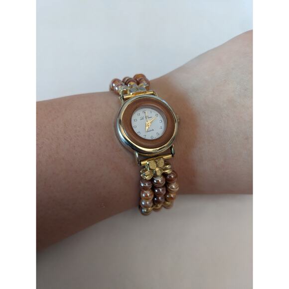 Le Baron Women's Brown Beaded Gold Tone Watch 7.5in Working - Picture 1 of 8